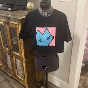 Black Crop Top with Blue Cat Graphic - est sm/med (as is hem)